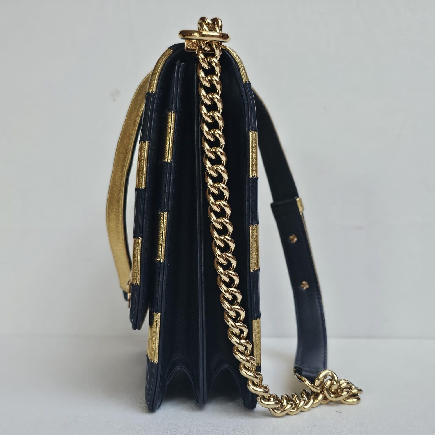 Chanel North South Vertical Gold Navy Metallic Stripe Boy Bag 14