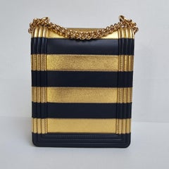 Chanel North South Vertical Gold Navy Metallic Stripe Boy Bag