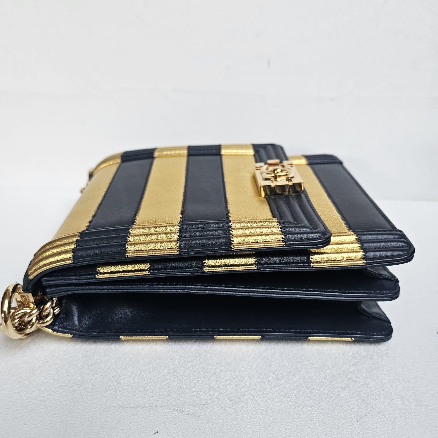 Chanel North South Vertical Gold Navy Metallic Stripe Boy Bag In Excellent Condition For Sale In Jakarta, Daerah Khusus Ibukota Jakarta
