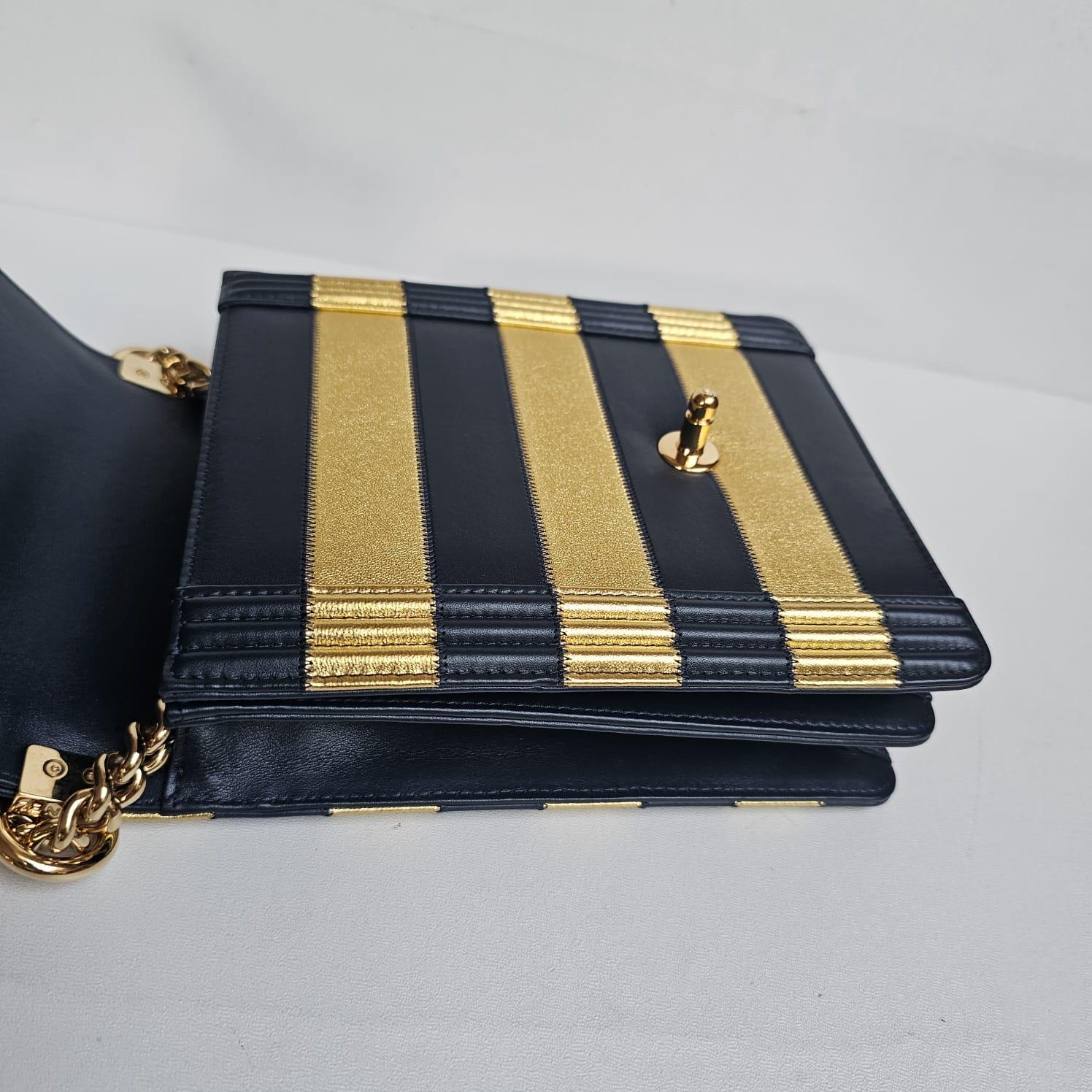 Women's or Men's Chanel North South Vertical Gold Navy Metallic Stripe Boy Bag For Sale