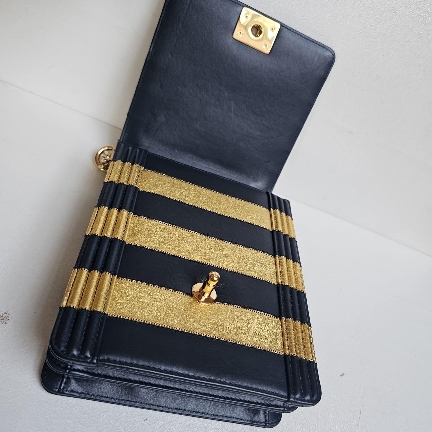 Chanel North South Vertical Gold Navy Metallic Stripe Boy Bag For Sale 3