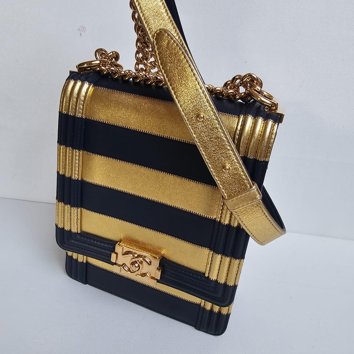 Chanel North South Vertical Gold Navy Metallic Stripe Boy Bag For Sale 4