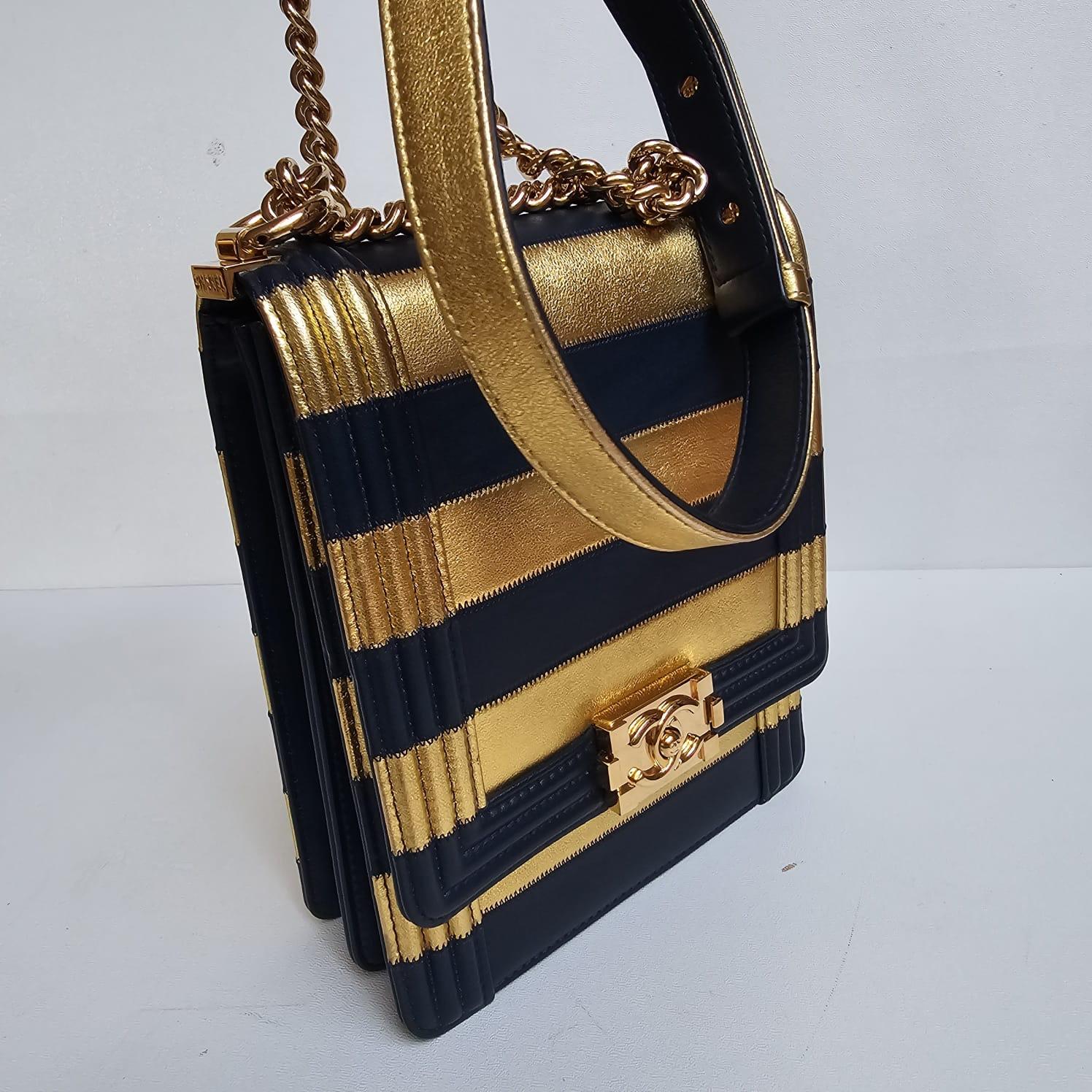 Chanel North South Vertical Gold Navy Metallic Stripe Boy Bag For Sale 5