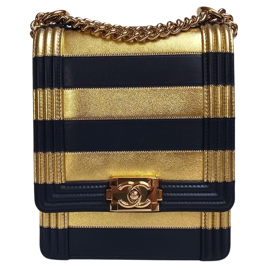 Chanel North South Vertical Gold Navy Metallic Stripe Boy Bag For Sale