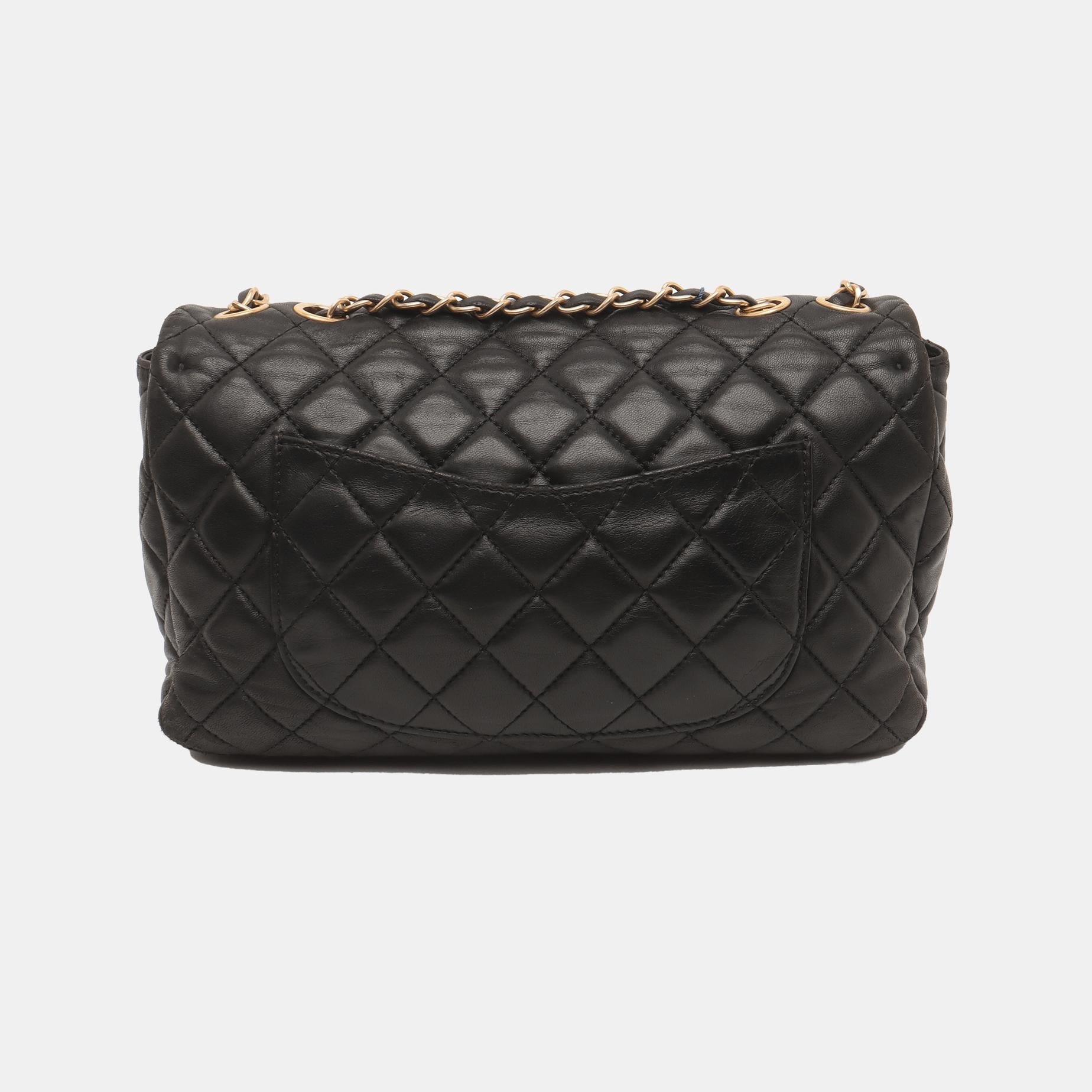 Chanel Now and Forever Bolso grande con solapa Piel de cordero negra Oro HW, 2013-14 Gris en venta