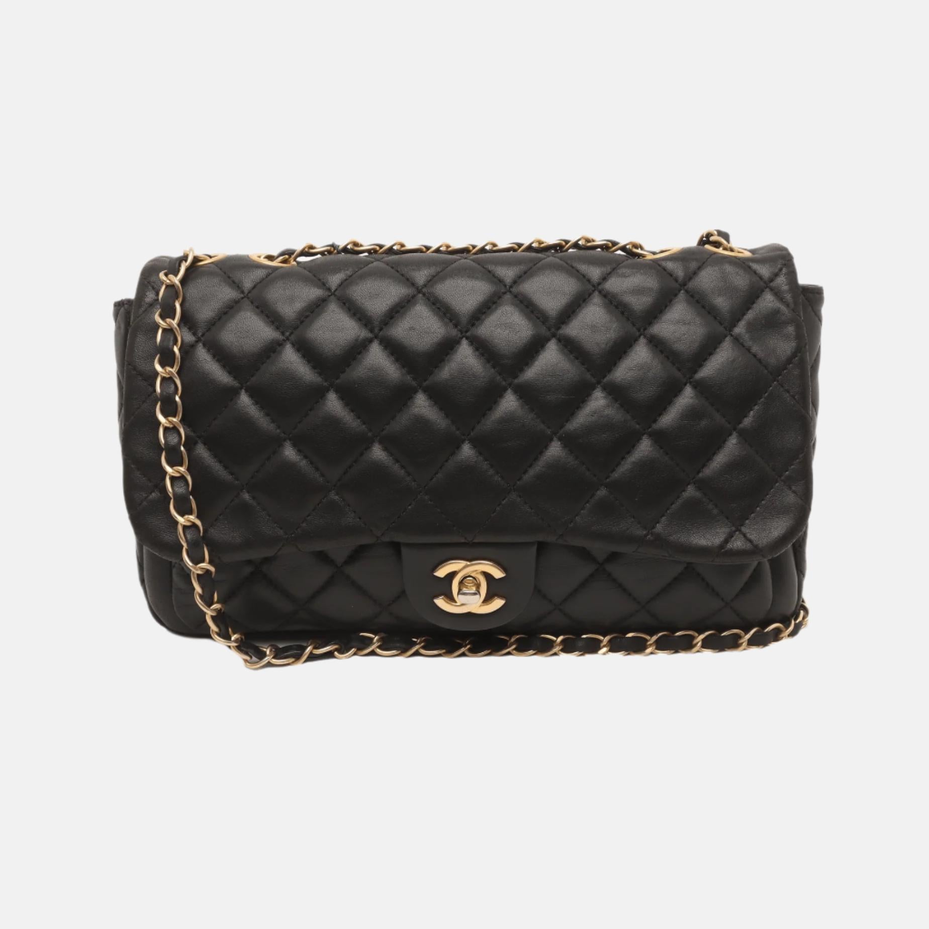 Chanel Now and Forever Bolso grande con solapa Piel de cordero negra Oro HW, 2013-14 en venta