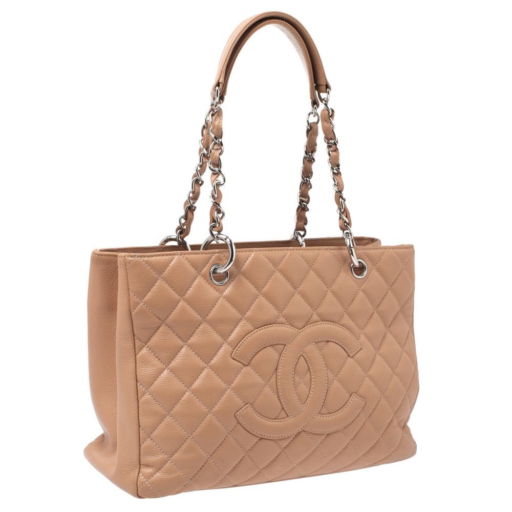 Women's Chanel Nude Beige Quilted Caviar Leather Grand Shopping Tote