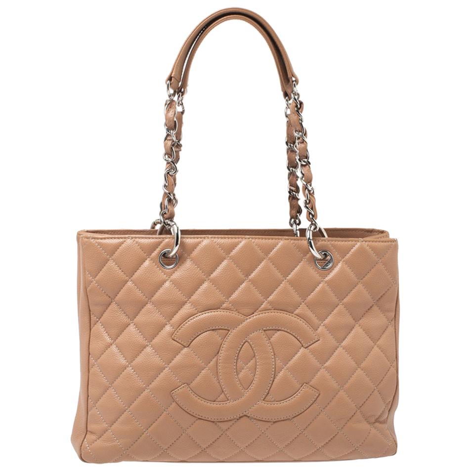 Chanel Nude Beige Quilted Caviar Leather Grand Shopping Tote
