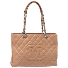 Chanel Nude Beige Quilted Caviar Leather Grand Shopping Tote