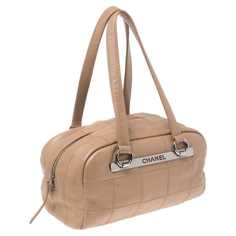 Chanel Nude Beige Square Quilted Caviar Leather LAX Bowler Bag