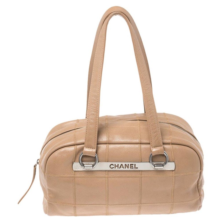 Chanel Nude Beige Square Quilted Caviar Leather LAX Bowler Bag at