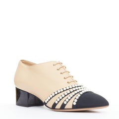 CHANEL nude black goatskin grosgrain pearl cap toe lace up oxfords EU38