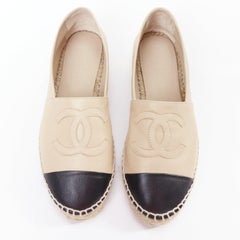 CHANEL nude black leather CC logo jute midsole espadrilles EU37