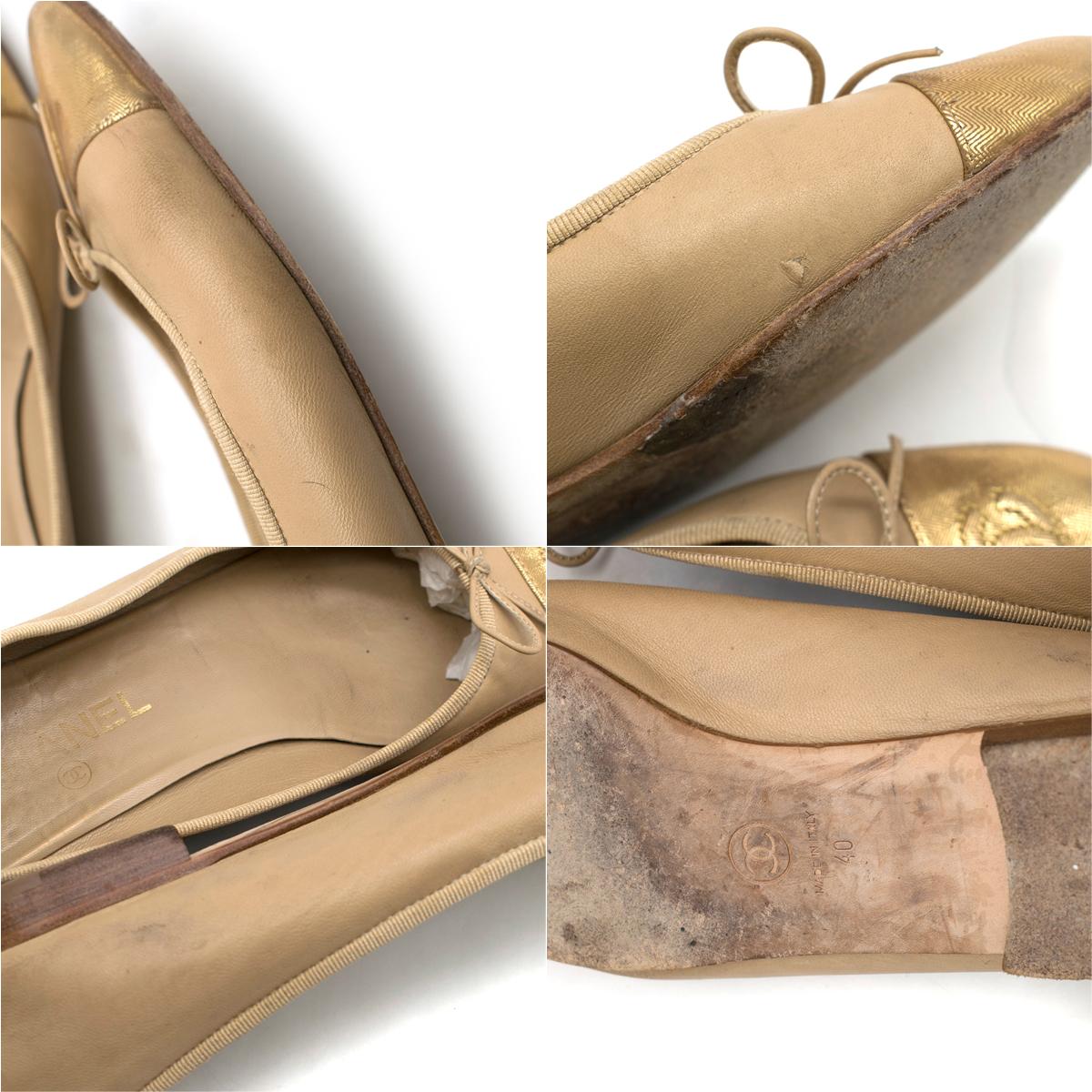 Chanel Nude & Gold Cap Toe Ballet Flats US 10 For Sale 3