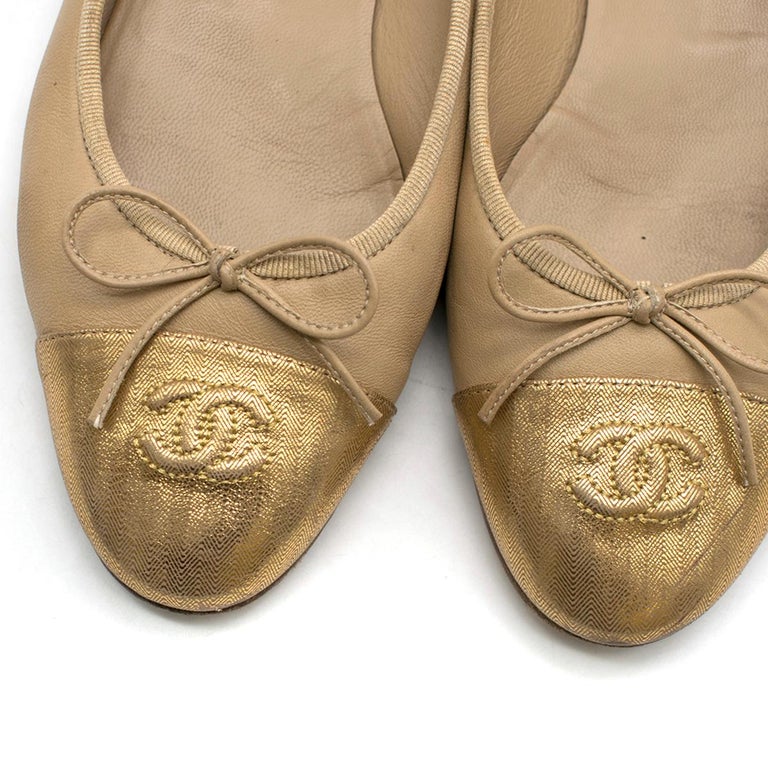 Chanel Nude and Gold Cap Toe Ballet Flats US 10 For Sale at 1stDibs