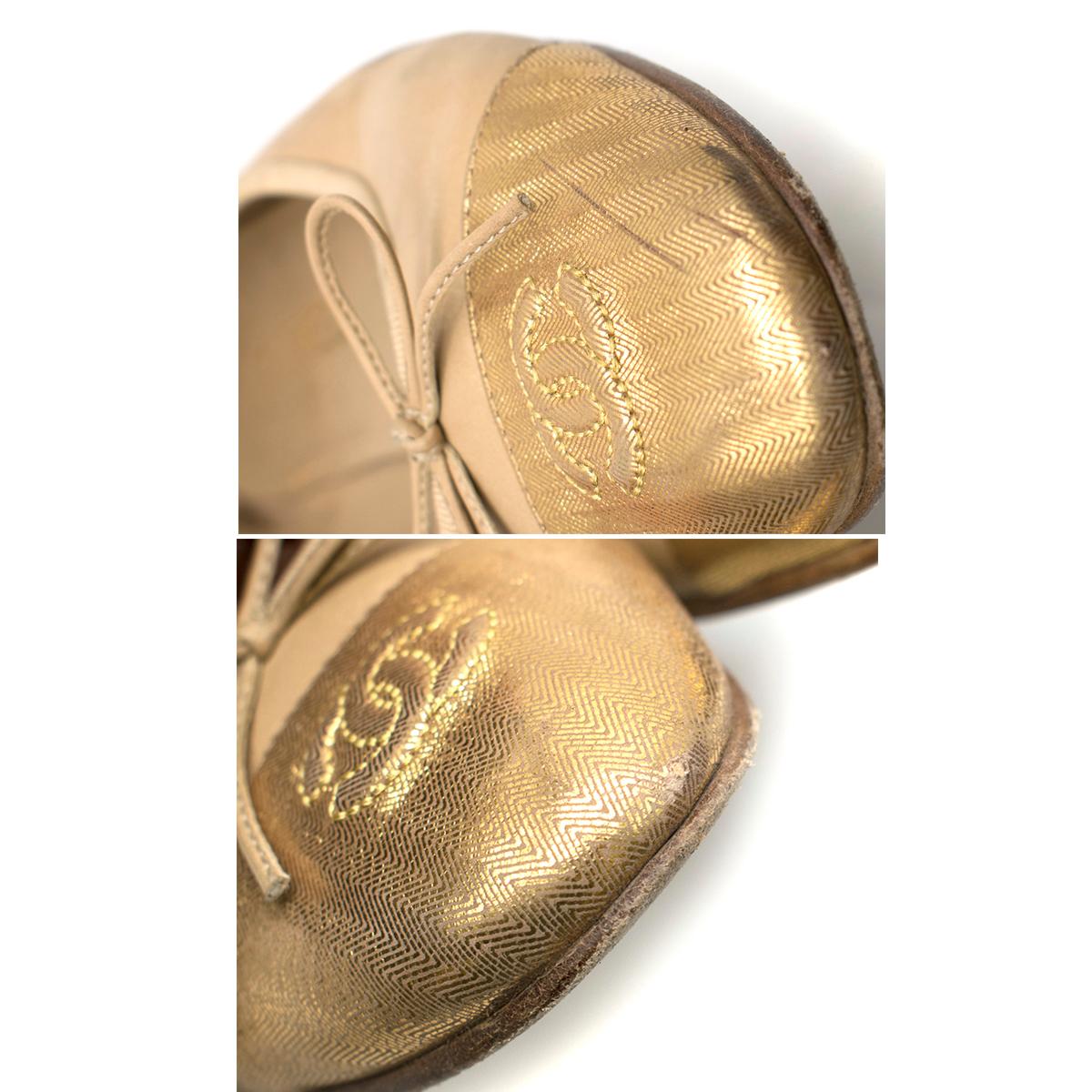 Chanel Nude & Gold Cap Toe Ballet Flats US 10 For Sale 1