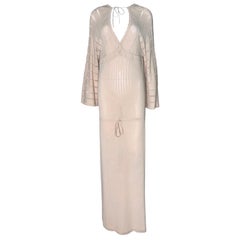 CHANEL Nude Knit Maxi Evening Dress Kaftan Tunic Beach Pool Cover Up  38