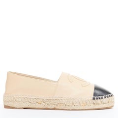 CHANEL nude lamb leather CC logo black toe cap beige espadrille shoes EU38
