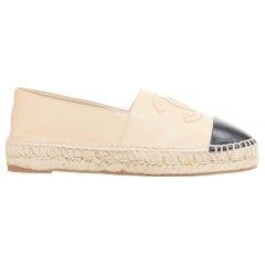 CHANEL nude lamb leather CC logo black toe cap beige espadrille shoes EU38