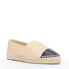 CHANEL nude lamb leather CC logo black toe cap espadrille shoes EU37