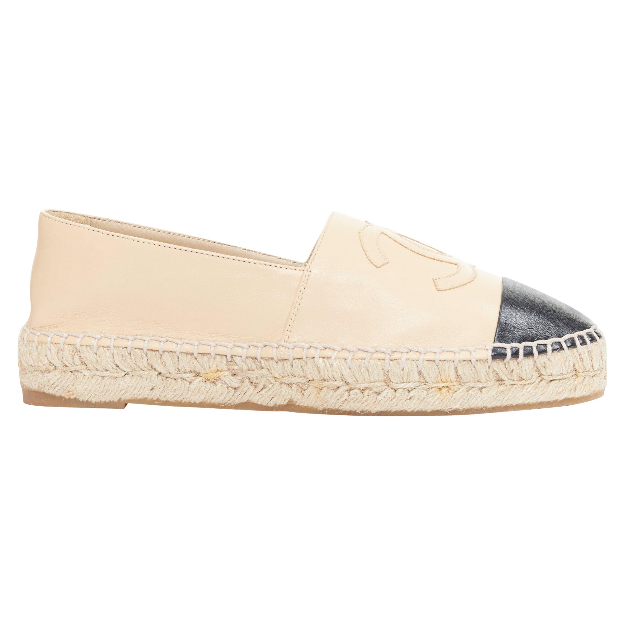 CHANEL nude lamb leather CC logo black toe cap espadrille shoes EU37