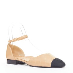CHANEL nude lambskin stitching grosgrain CC toe cap ankle strap flats EU38.5