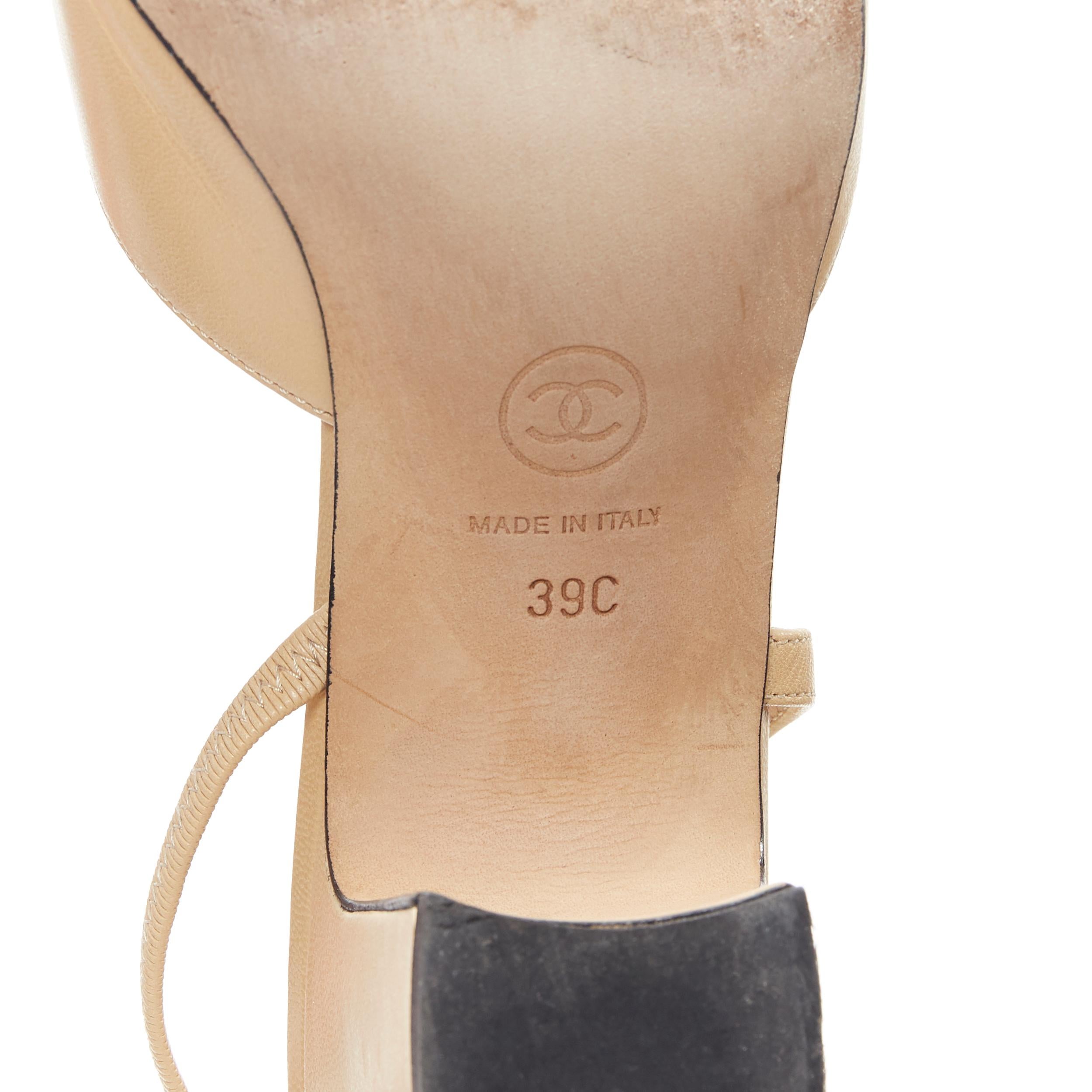 CHANEL nude leather black grosgrain toe cap CC logo block heel slingback EU39 C 4