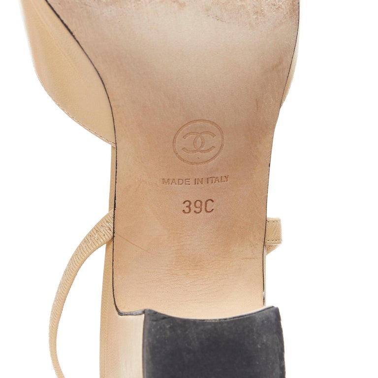 CHANEL nude leather black grosgrain toe cap CC logo block heel slingback  EU39 C
