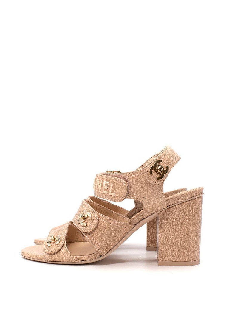 Chanel Nude Leather CC Velcro Strap Block Heeled Sandals For Sale