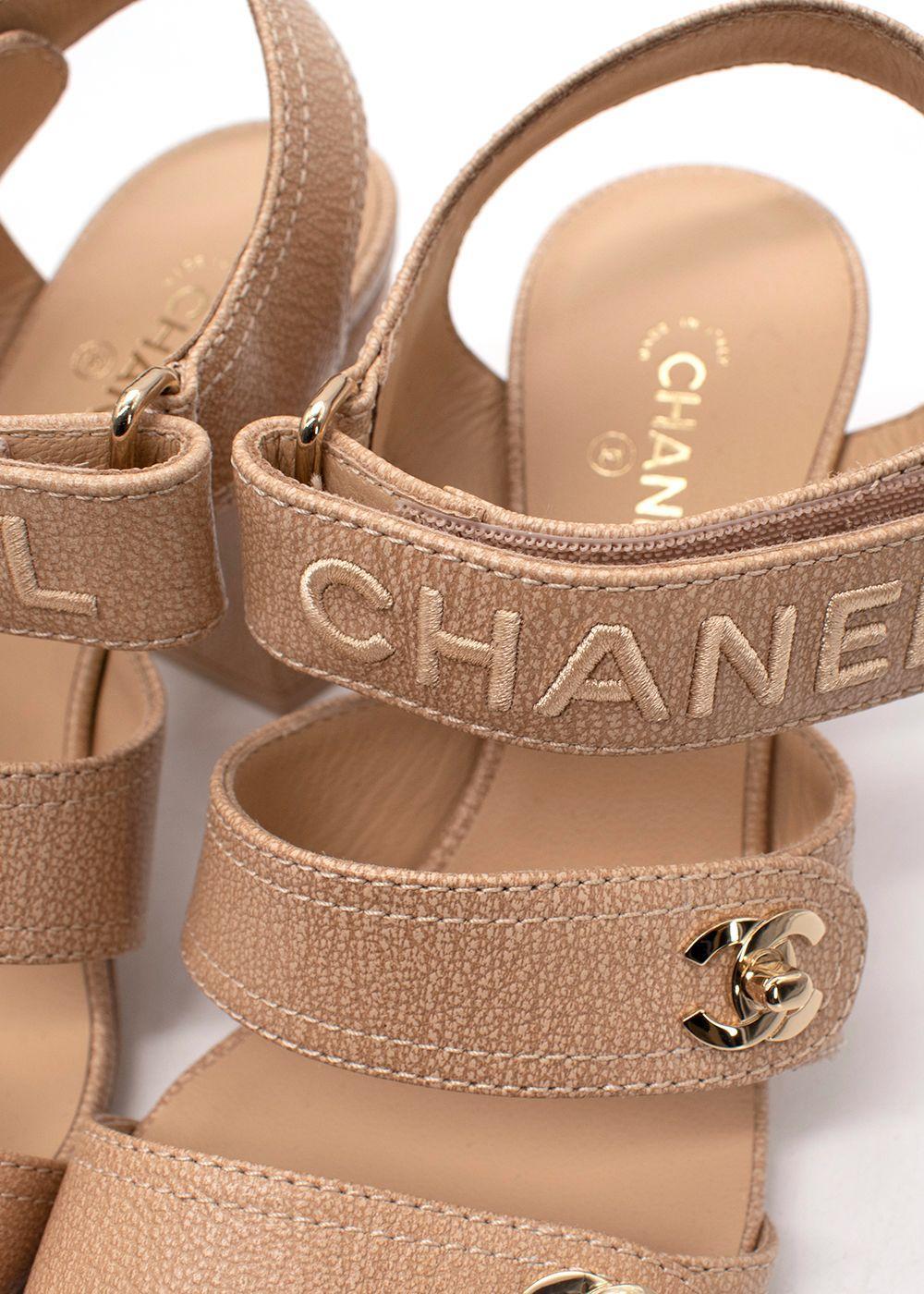 Beige Chanel Nude Leather CC Velcro Strap Block Heeled Sandals For Sale
