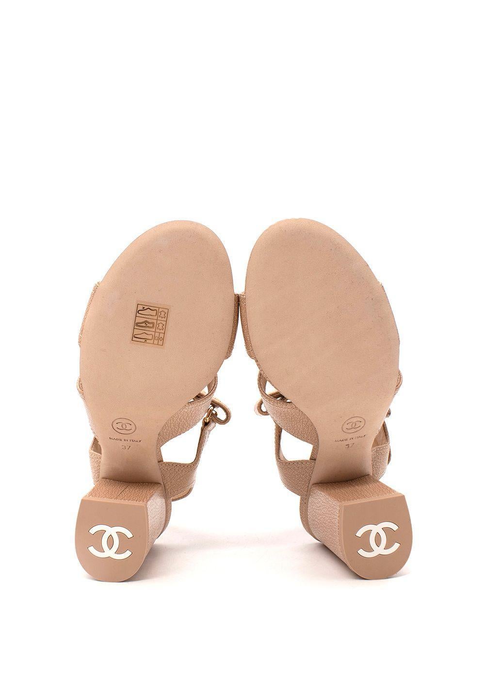 Chanel Nude Leather CC Velcro Strap Block Heeled Sandals For Sale 1