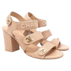 Chanel Nude Leather CC Velcro Strap Block Heeled Sandals