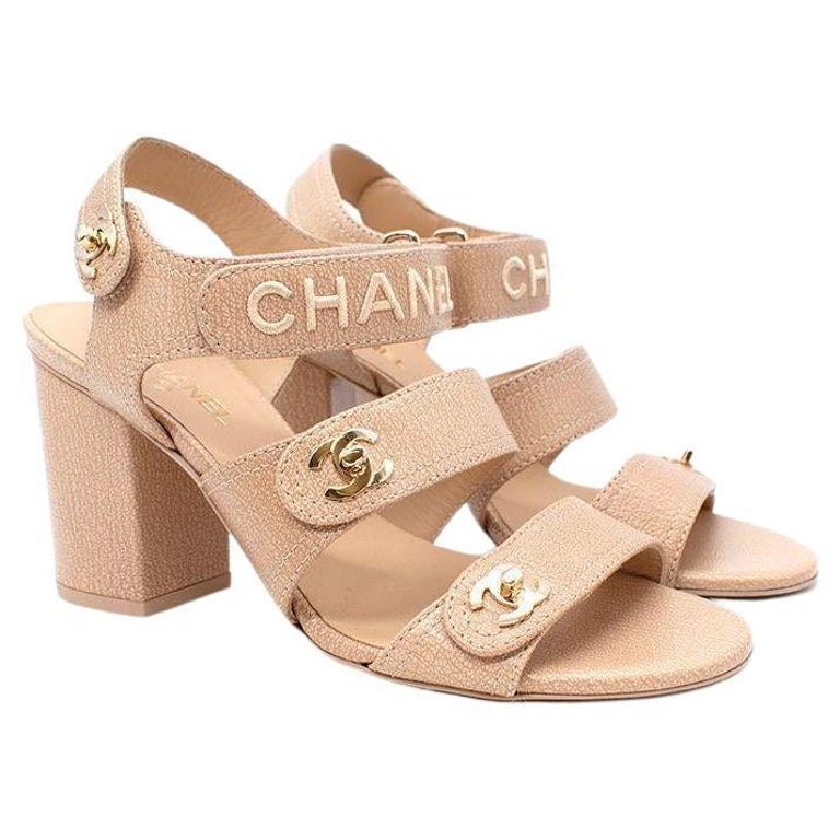 Chanel Nude Leather CC Velcro Strap Block Heeled Sandals For Sale