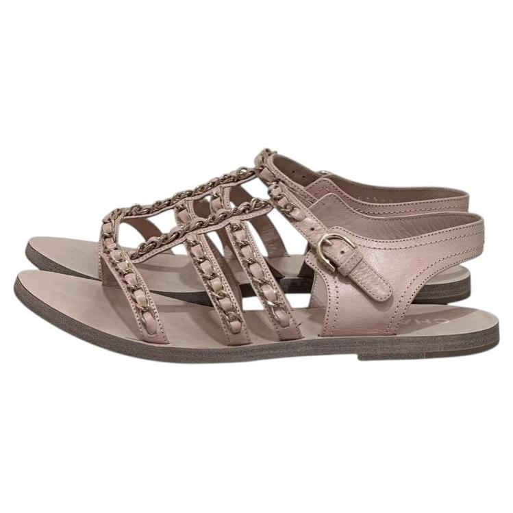 Chanel Nude Leather Gladiator Chain Sandals EU 37.5 For Sale
