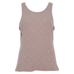 Chanel Nude Pink Rib Knit Pearl Embellished Tank Top XL