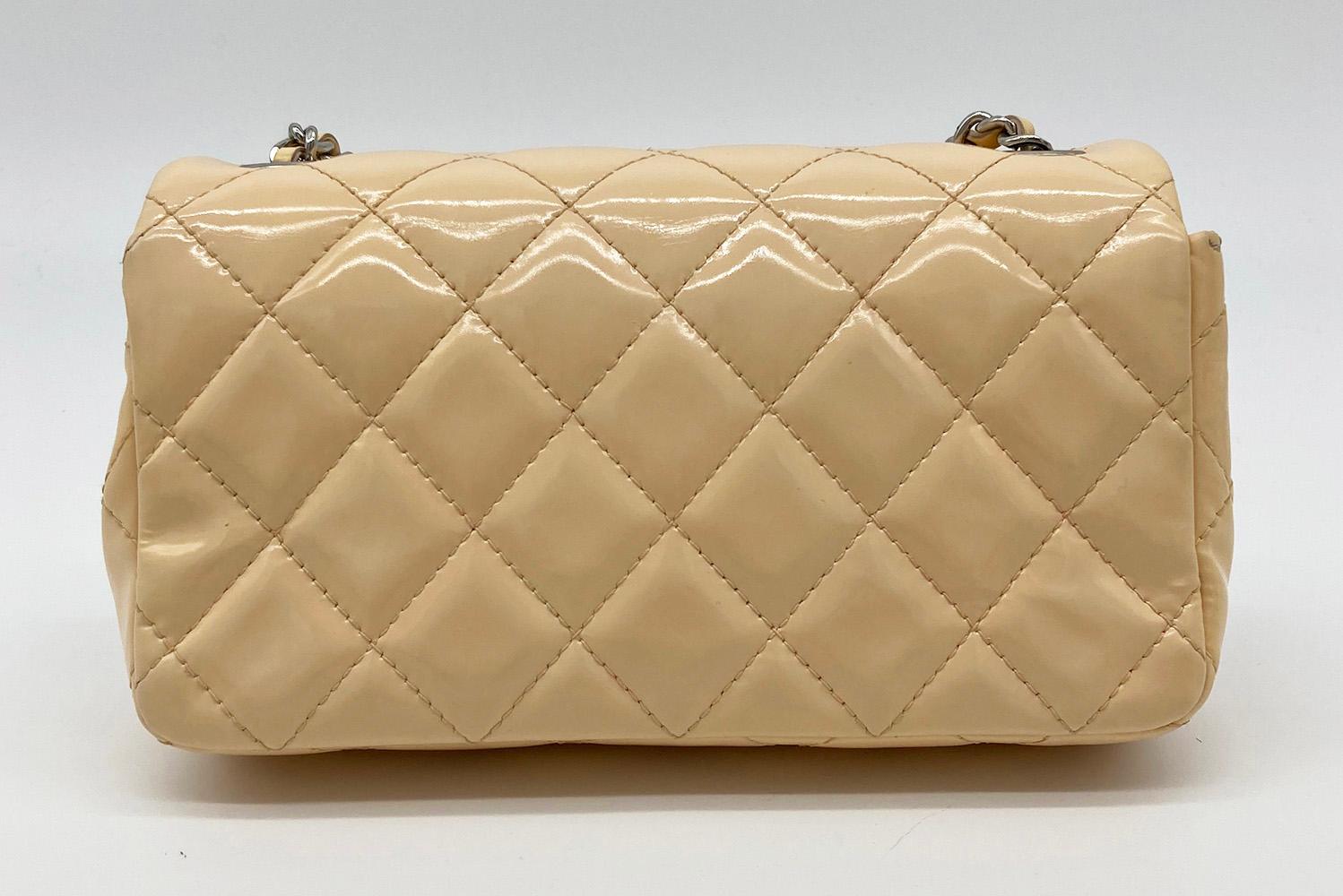 Beige Chanel Nude Quilted Patent Leather Extra Mini Classic Flap