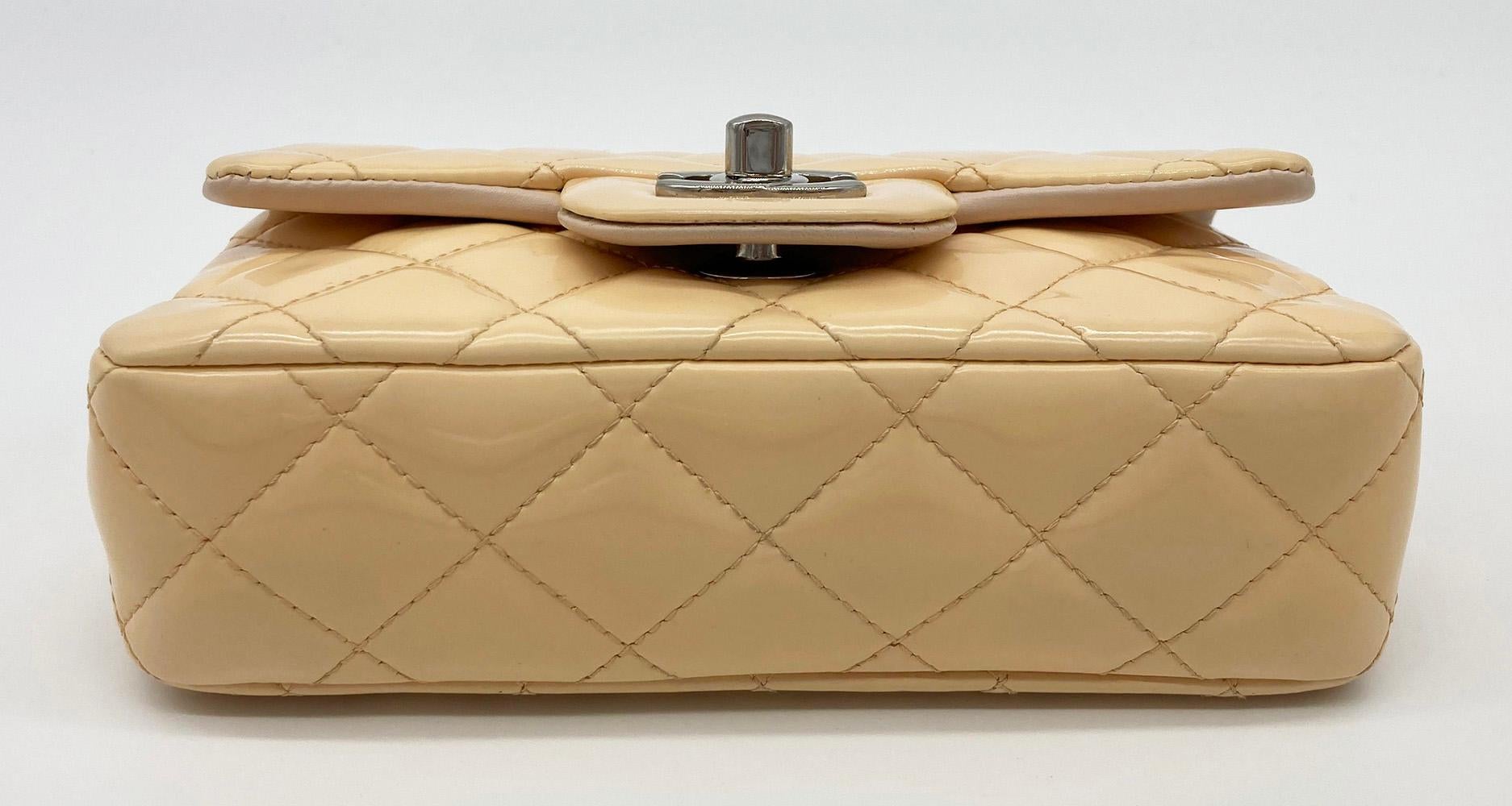 Chanel Nude Quilted Patent Leather Extra Mini Classic Flap In Excellent Condition In Philadelphia, PA