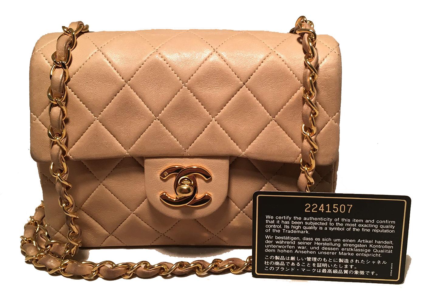 Chanel Nude Quilted Leather Mini Classic Flap Shoulder Bag in good condition. Quilted tan lambskin leather exterior trimmed with gold hardware. Signature twisting CC logo front closure opens to a tan leather lined interior that holds 1 slit and 1