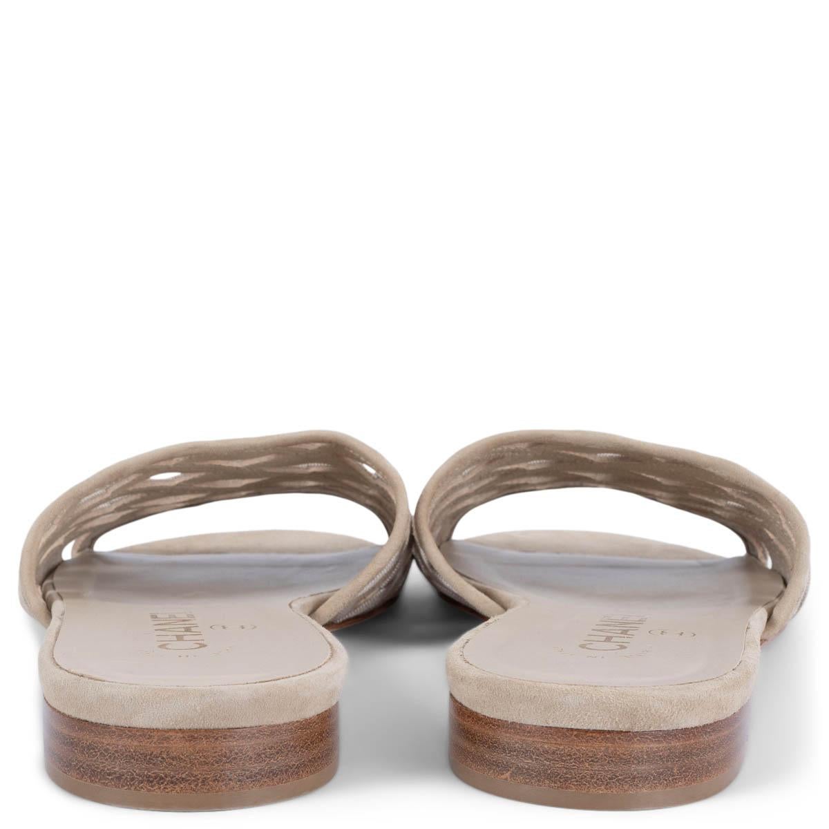 Women's CHANEL nude suede & grosgrain 2020 SLIDE Sandals Shoes 37