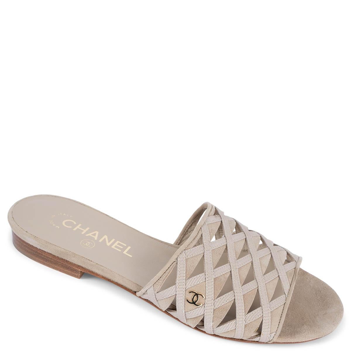 CHANEL nude suede & grosgrain 2020 SLIDE Sandals Shoes 37 For Sale 2