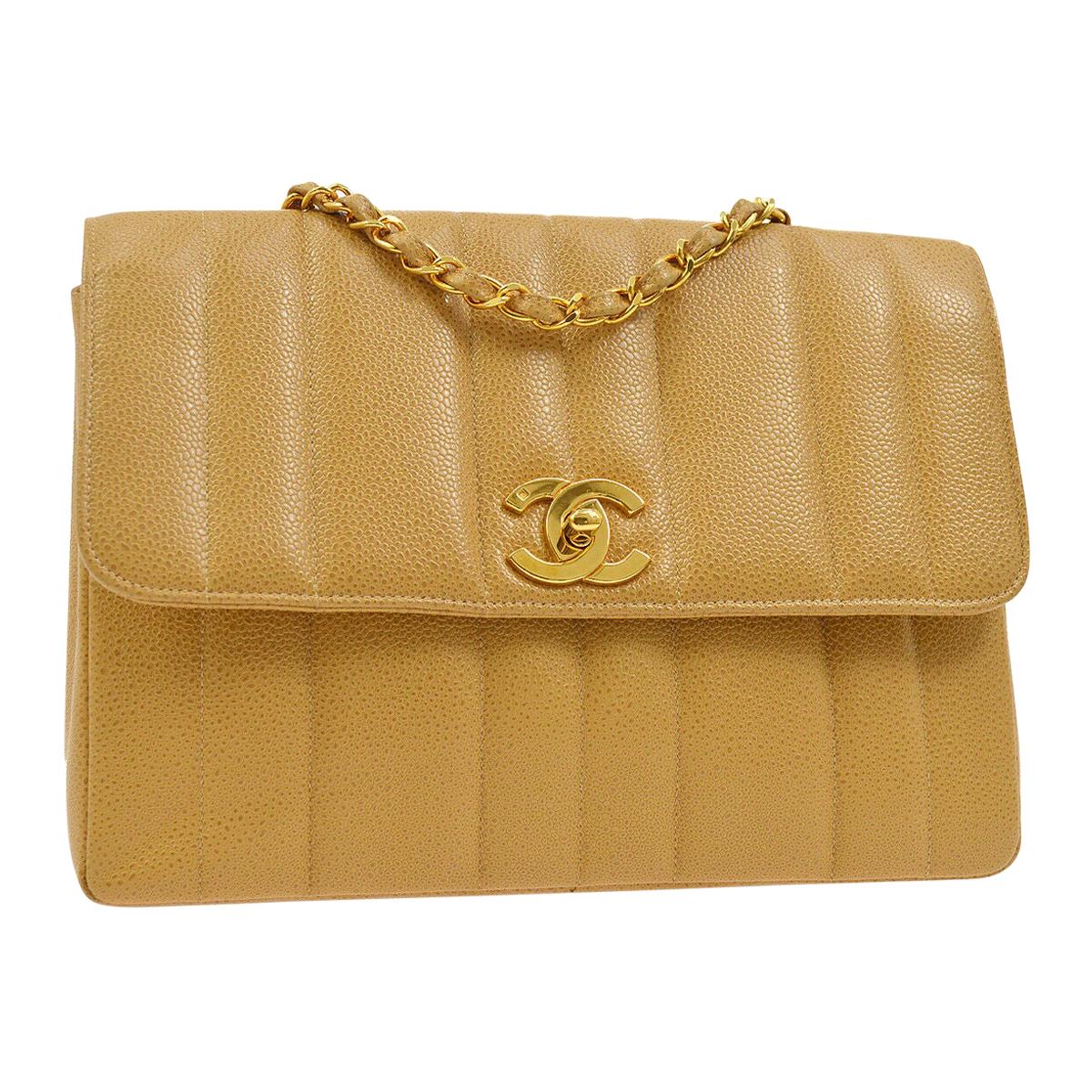Chanel Nude Tan Caviar Leather Gold Evening Shoulder Flap Bag