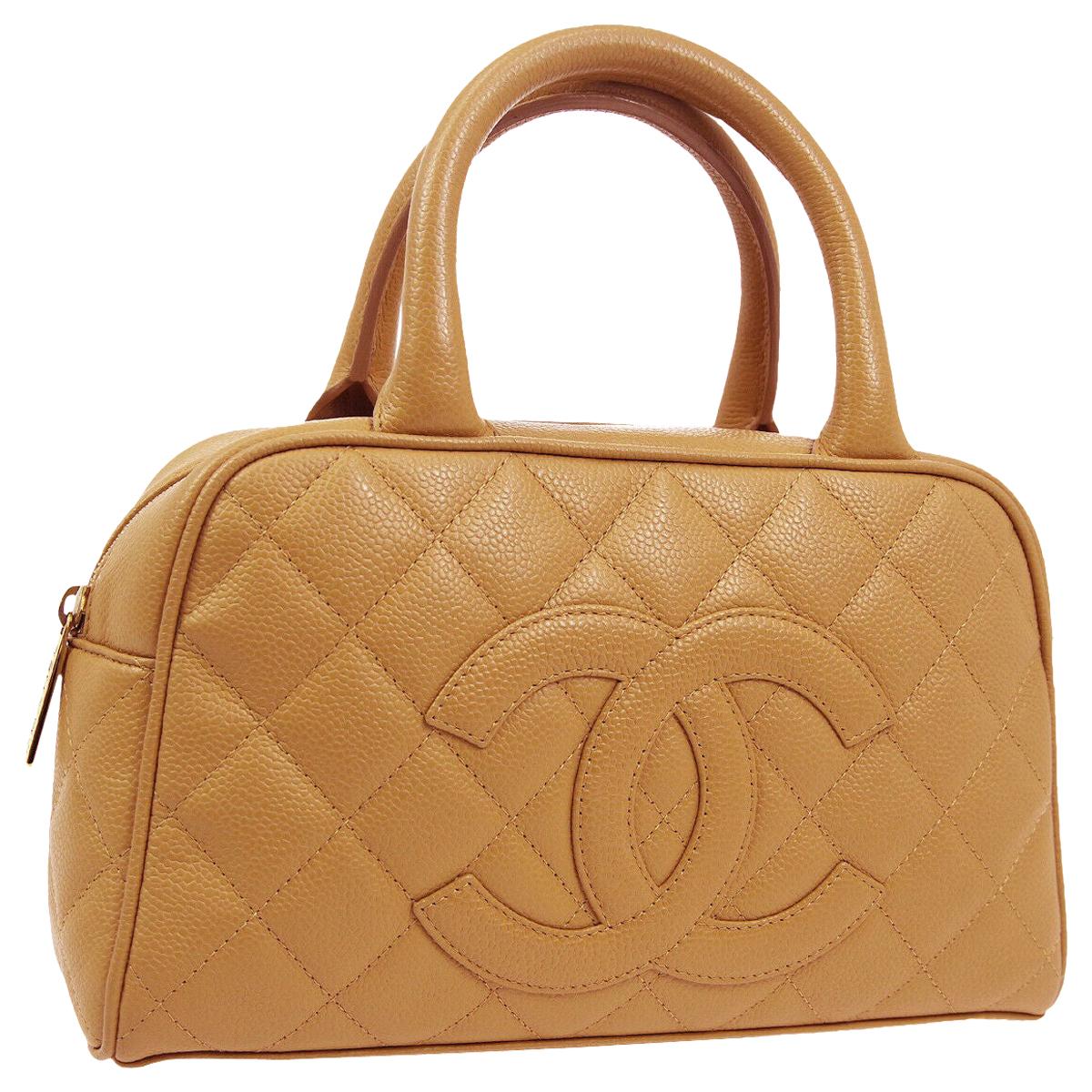 Chanel Nude Tan Leather Gold Boston Small Top Handle Satchel Bag