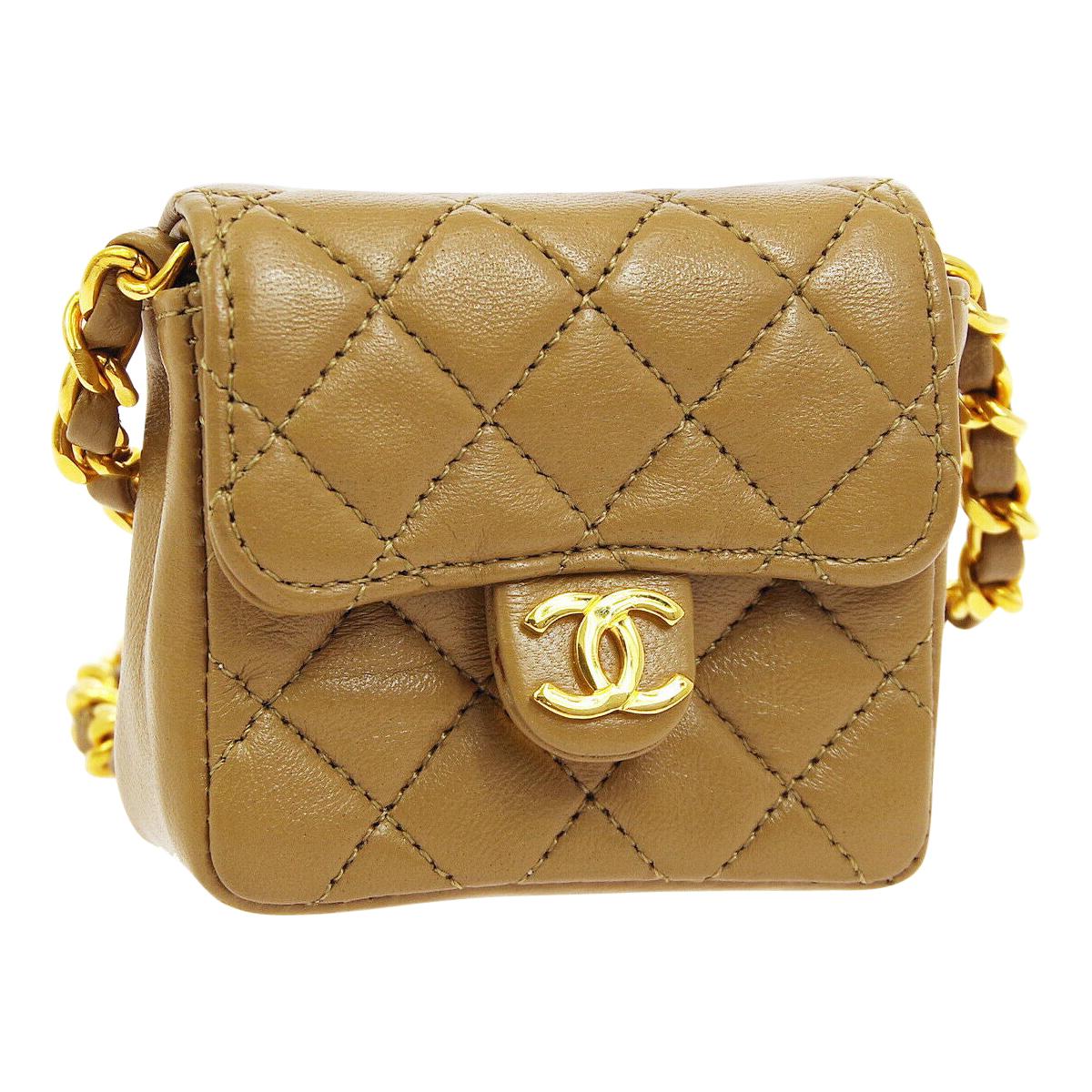 Chanel Nude Tan Leder Gold Micro Mini Shoulder Flap Bag in Box