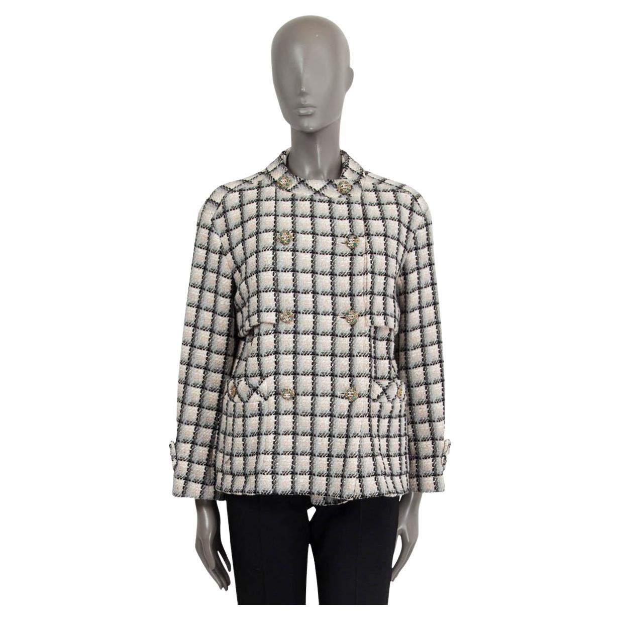 CHANEL nude white grey cotton 2022 22K DOUBLE BREASTED TWEED Jacket 40 M For Sale