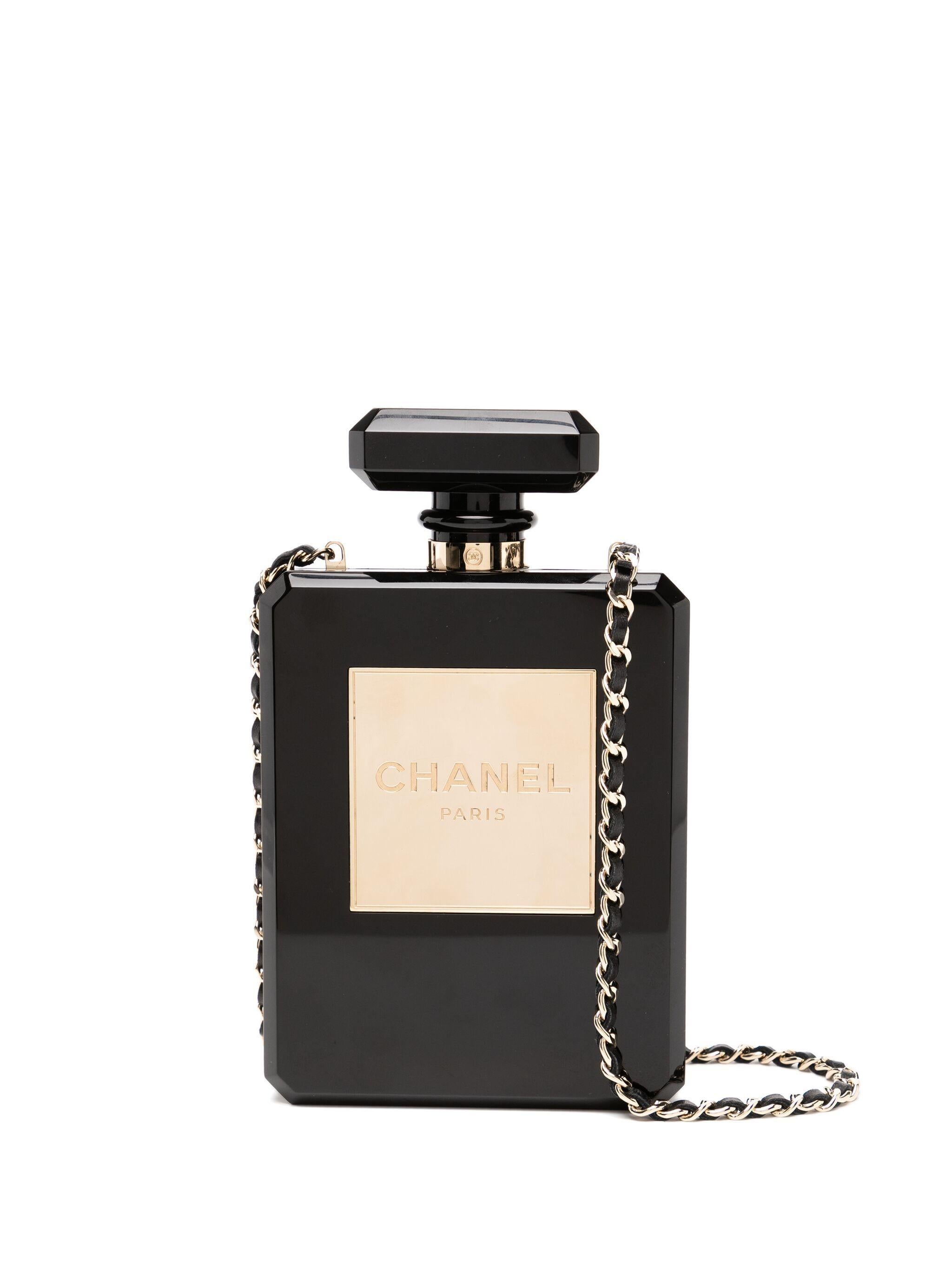 Black Chanel Number 5 Perfume Bottle Plexi Enamel Evening Crossbody Bag Minaudière