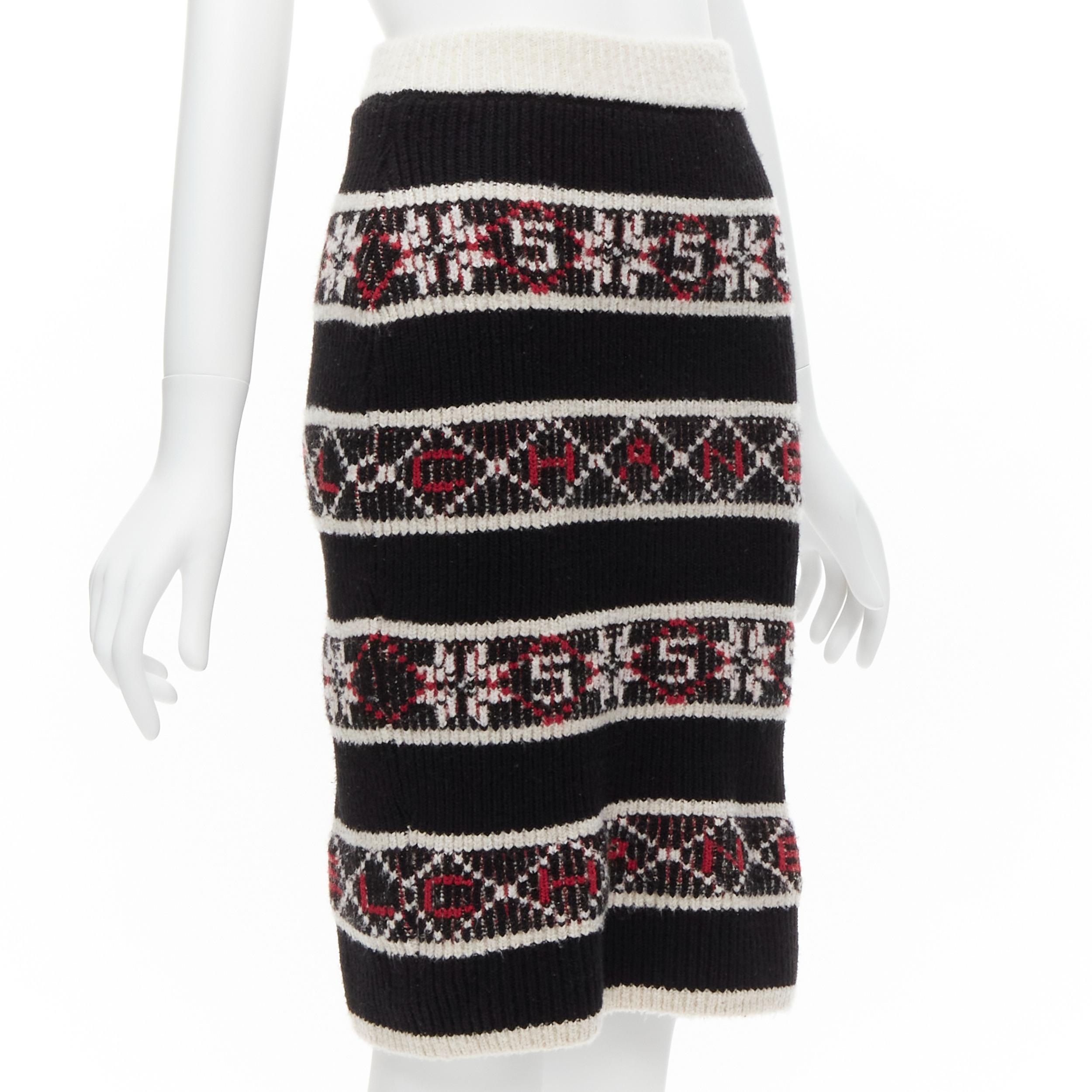Black CHANEL Number 5 red black white CC logo fair isle intarsia skirt FR34 XS For Sale