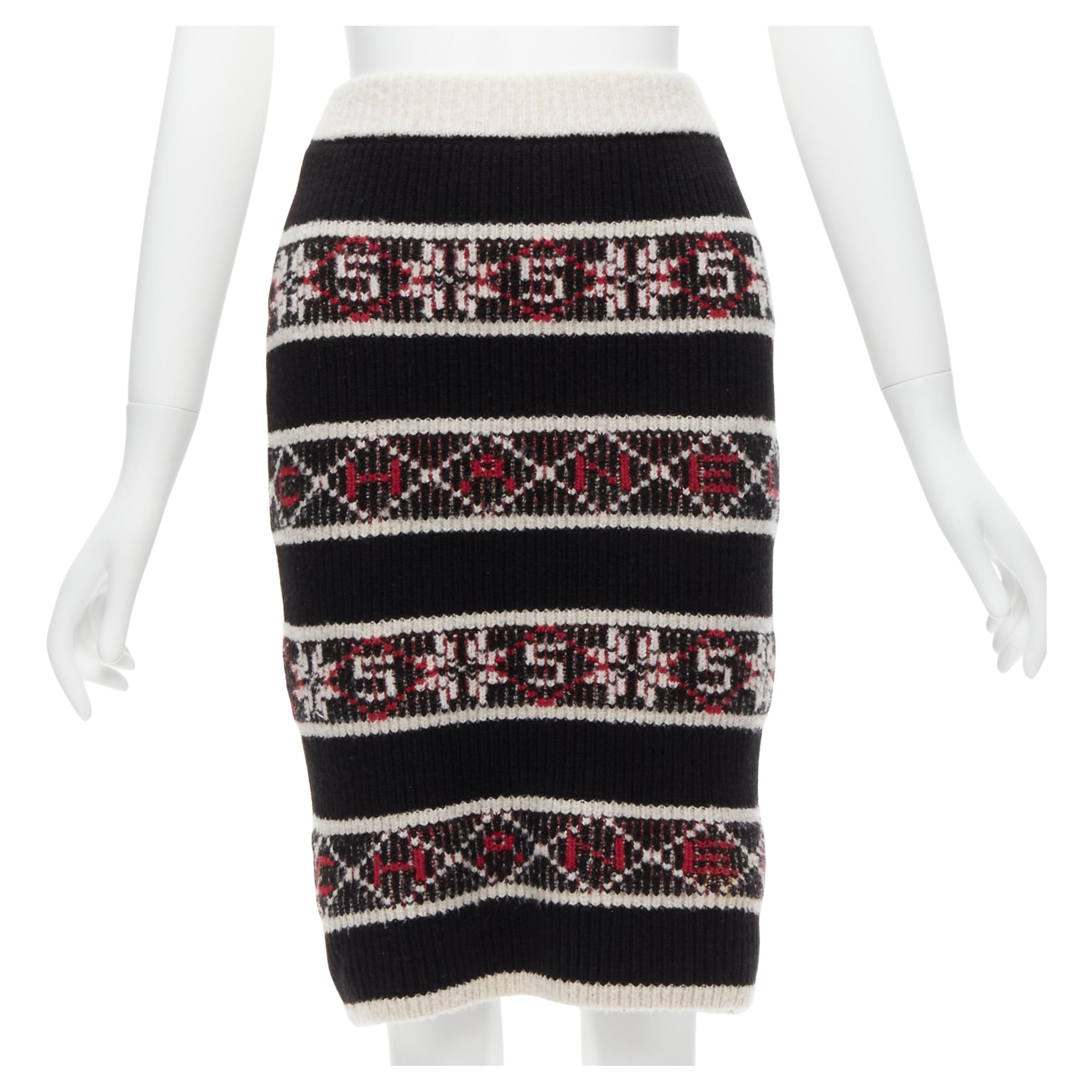 CHANEL Number 5 red black white CC logo fair isle intarsia skirt FR34 XS For Sale