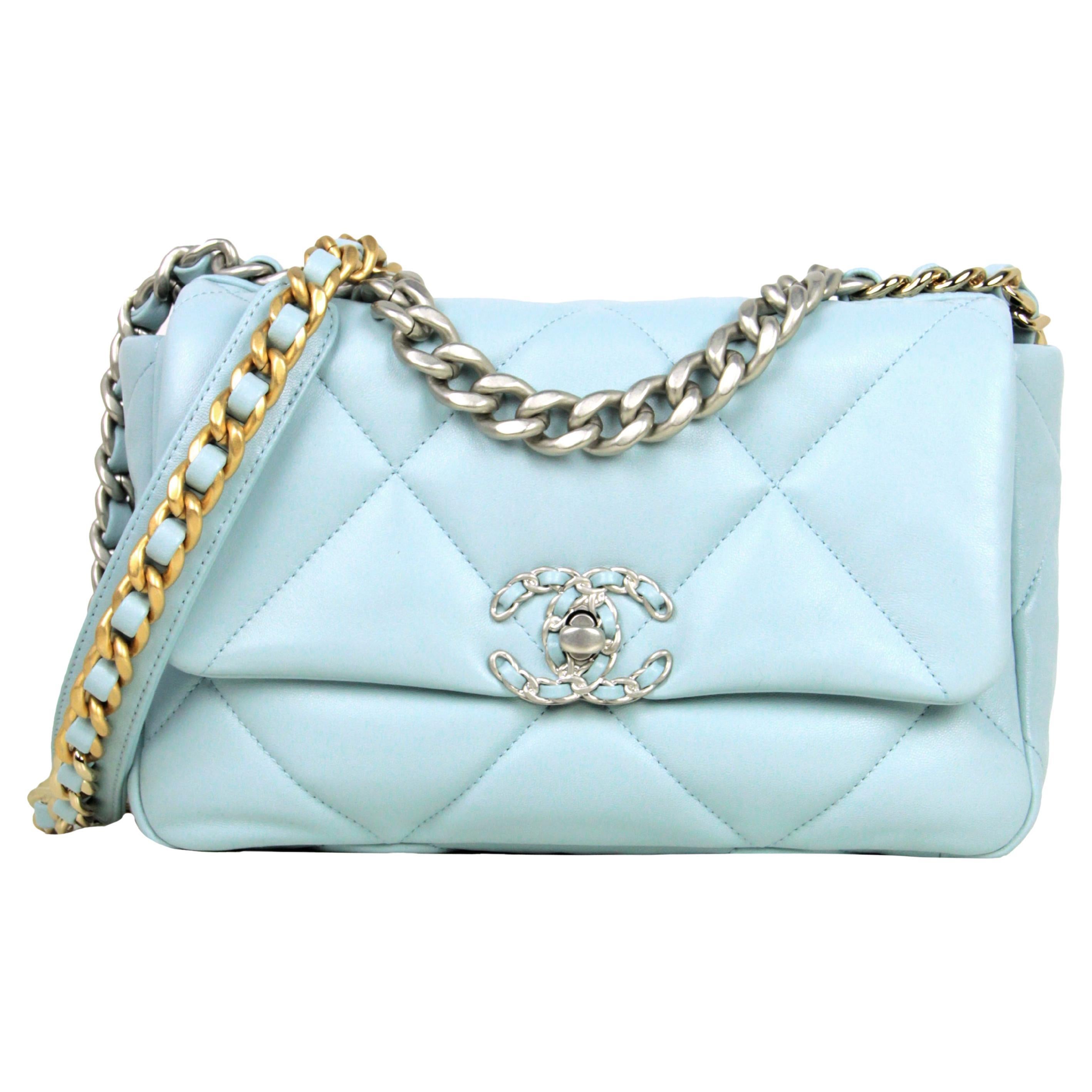 Chanel NWT 2022 Light Blue Lambskin Leather Quilted Medium 19 Bag For Sale  at 1stDibs | chanel 19 bag light blue, chanel 19 colors, baby blue chanel