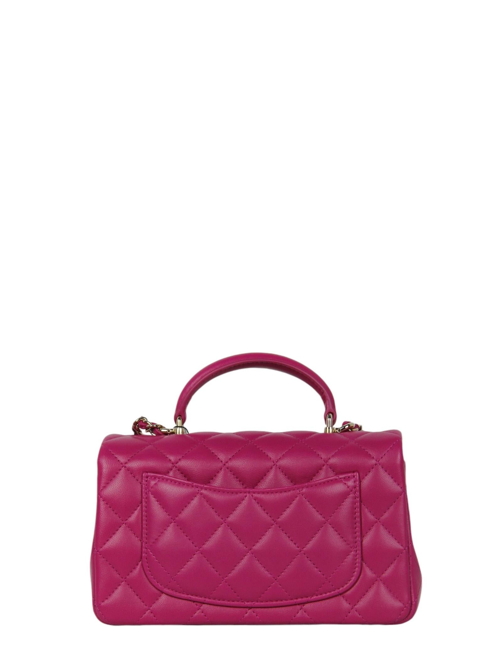 Pink Chanel NWT '24 Fuchsia Lambskin Quilted Mini Top Handle Rectangular Flap Bag