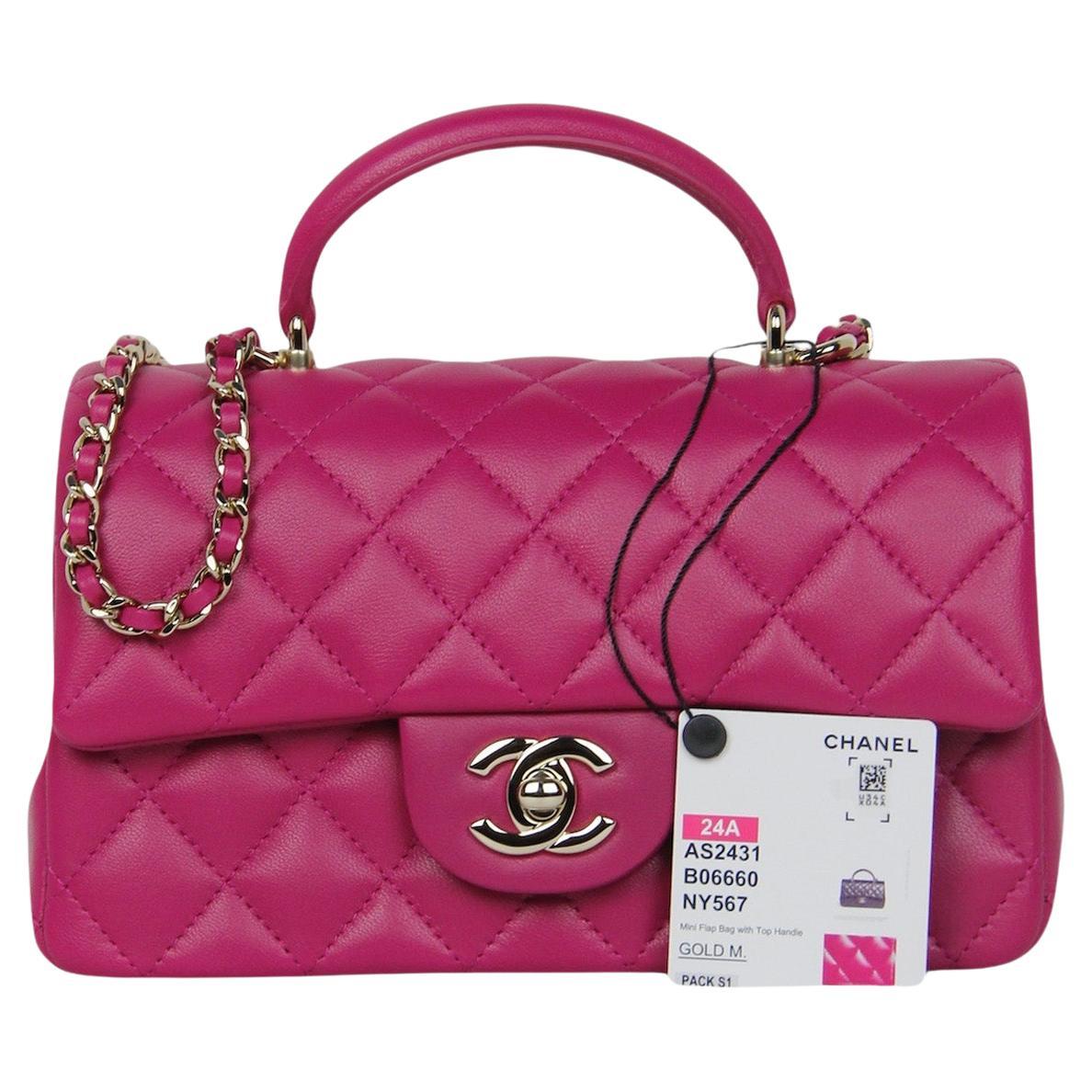 Chanel NWT '24 Fuchsia Lambskin Quilted Mini Top Handle Rectangular Flap Bag